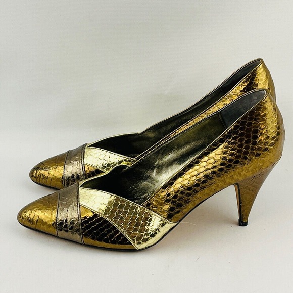 Womens 6.5M Sutton Plaza Pumps Metallic Bronze Gold Copper‎ Faux Snakeskin Heels - Picture 4 of 10